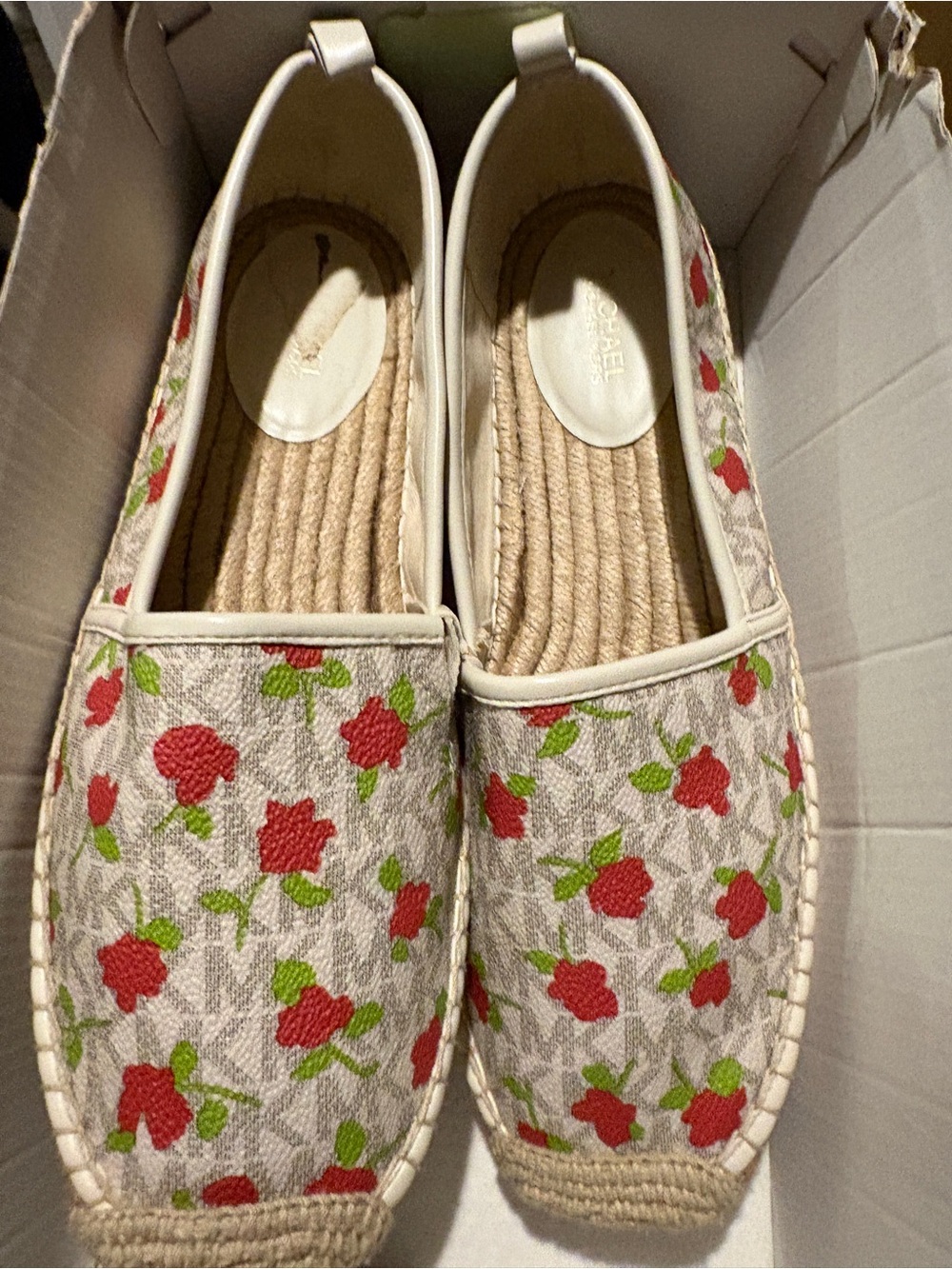 Michael Kors Cream Espadrille Flats with Red Rose Print